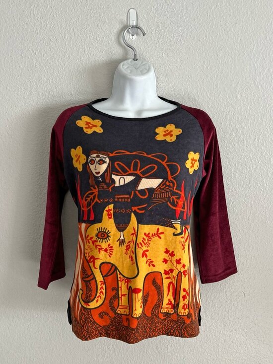 Custo Barcelona Tops - Y2K Custo Barcelona Blue Tower Series 3/4 Sleeve Velvet Sheer Beaded Shirt Sz M